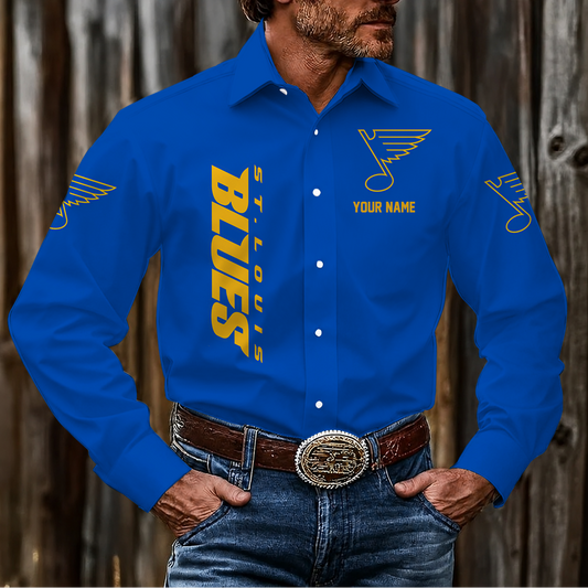 LIMITED EDITION - NEW CUSTOMIZED NHL14 SLB ST. LOUIS BLUES MEN'S LONG SLEEVE BUTTON-UP SHIRT