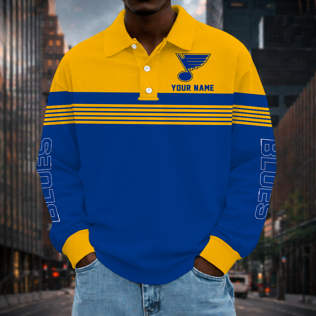 SPECIAL EDITION - NEW CUSTOMIZED NHL14 SLB ST. LOUIS BLUES MEN LONG SLEEVE POLO
