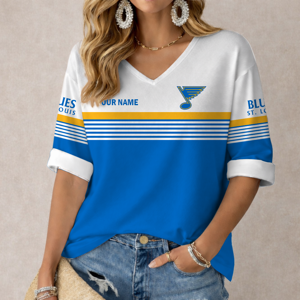 SPECIAL EDITION - NEW CUSTOMIZED NHL14 SLB ST. LOUIS BLUES WOMEN'S HEART V-NECK LONG SLEEVE SHIRT