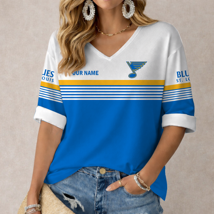 SPECIAL EDITION - NEW CUSTOMIZED NHL14 SLB ST. LOUIS BLUES WOMEN'S HEART V-NECK LONG SLEEVE SHIRT