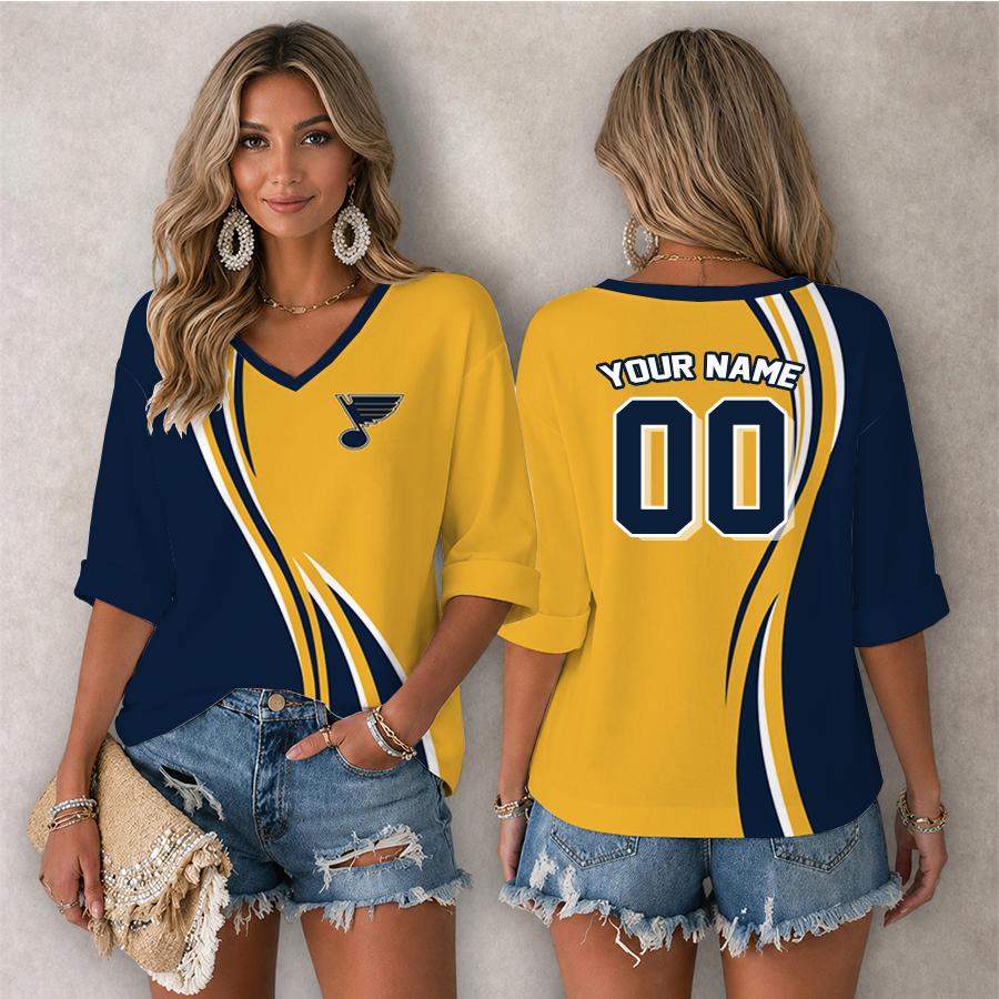 LIMITED EDITION - NEW CUSTOMIZED NHL14 SLB ST. LOUIS BLUES WOMEN'S HEART V-NECK LONG SLEEVE SHIRT
