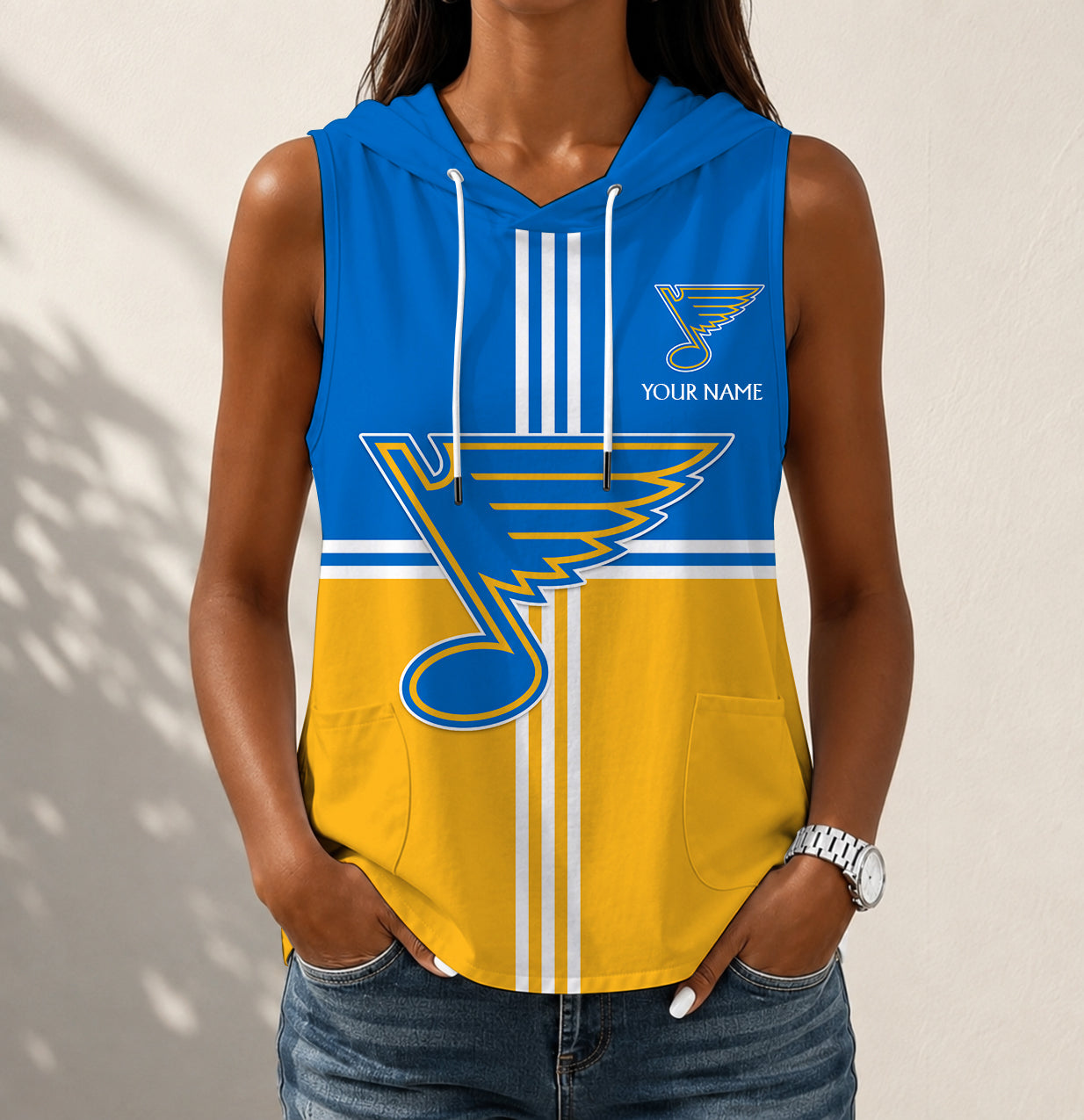 VIRAL EDITION - NEW CUSTOMIZED NHL14 SLB ST. LOUIS BLUES WOMEN'S SLEEVELESS HOODED POCKET TANK TOP