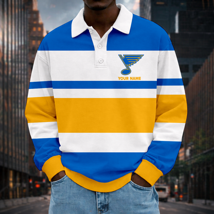 LIMITED EDITION - NEW CUSTOMIZED NHL14 SLB ST. LOUIS BLUES MEN LONG SLEEVE POLO