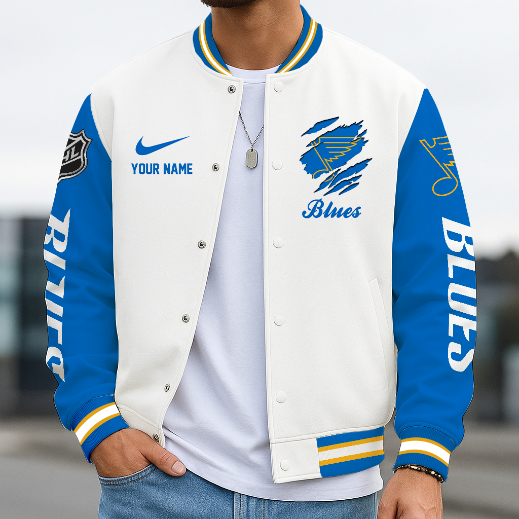 LIMITED EDITION - NEW CUSTOMIZED NHL14 SLB ST. LOUIS BLUES BASEBALL JACKET, SATIN VARSITY JACKET