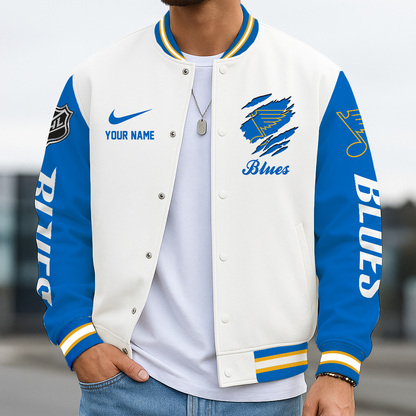 LIMITED EDITION - NEW CUSTOMIZED NHL14 SLB ST. LOUIS BLUES BASEBALL JACKET, SATIN VARSITY JACKET