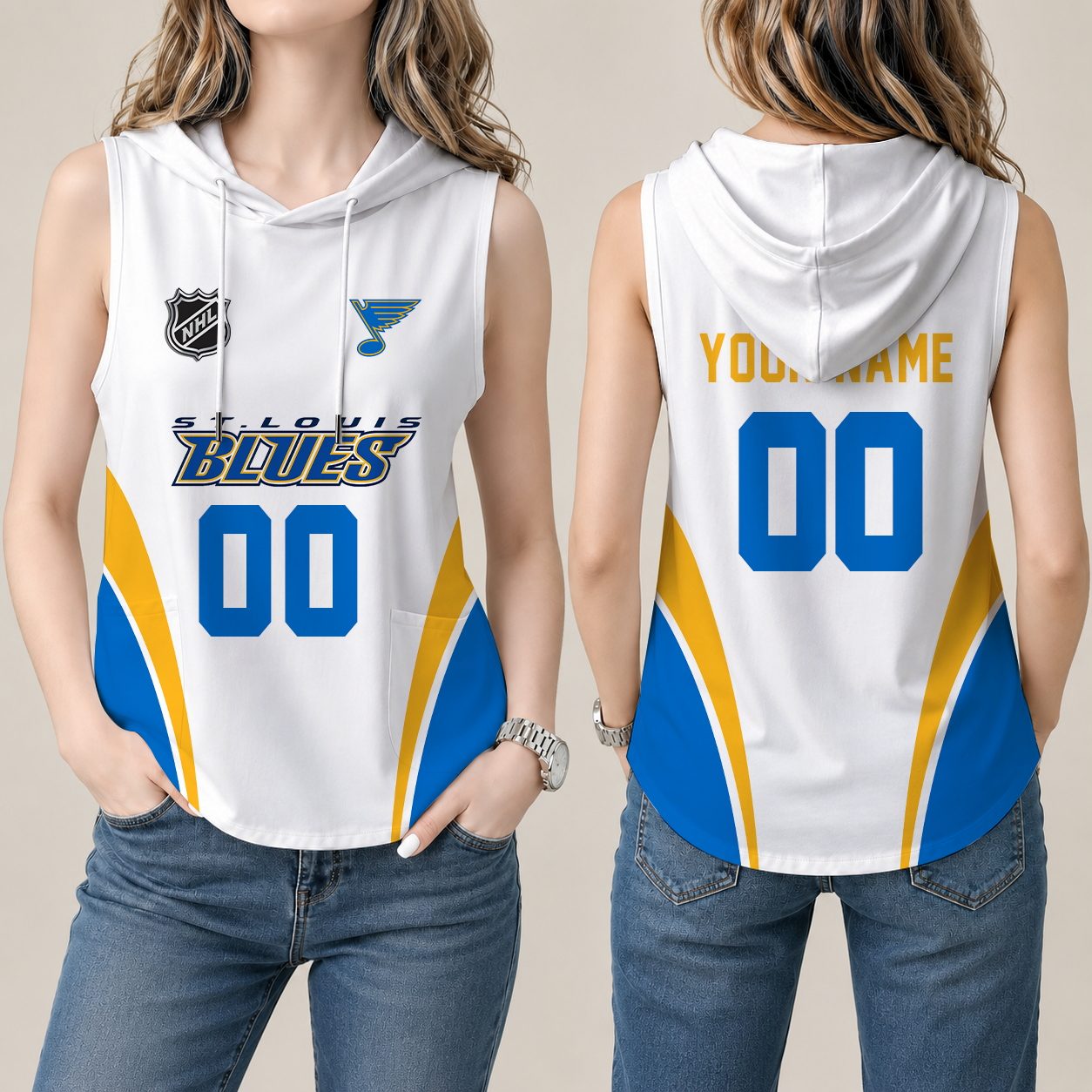 [SUPER SALE] NEW CUSTOMIZED NHL14 SLB ST. LOUIS BLUES WOMEN'S SLEEVELESS HOODED POCKET TANK TOP