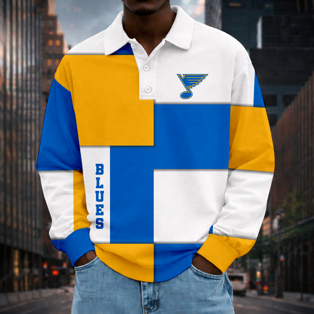LIMITED EDITION - NEW CUSTOMIZED NHL14 SLB ST. LOUIS BLUES MEN LONG SLEEVE POLO