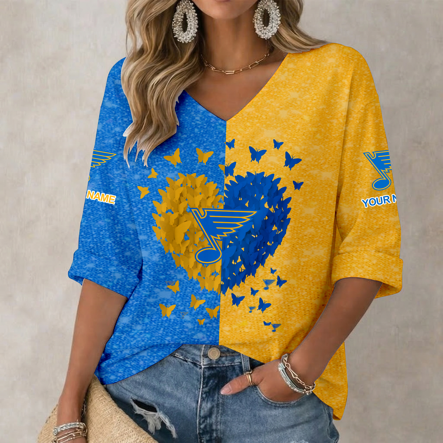 LIMITED EDITION - NEW CUSTOMIZED NHL14 SLB ST. LOUIS BLUES WOMEN'S HEART V-NECK LONG SLEEVE SHIRT