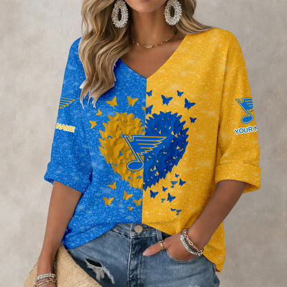 LIMITED EDITION - NEW CUSTOMIZED NHL14 SLB ST. LOUIS BLUES WOMEN'S HEART V-NECK LONG SLEEVE SHIRT