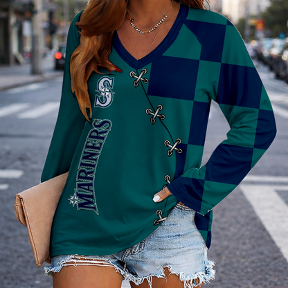 LIMITED EDITION - NEW CUSTOMIZED MLB14 SMS SEATTLE MARINERS WOMEN'S V-NECK LONG SLEEVED SHIRT