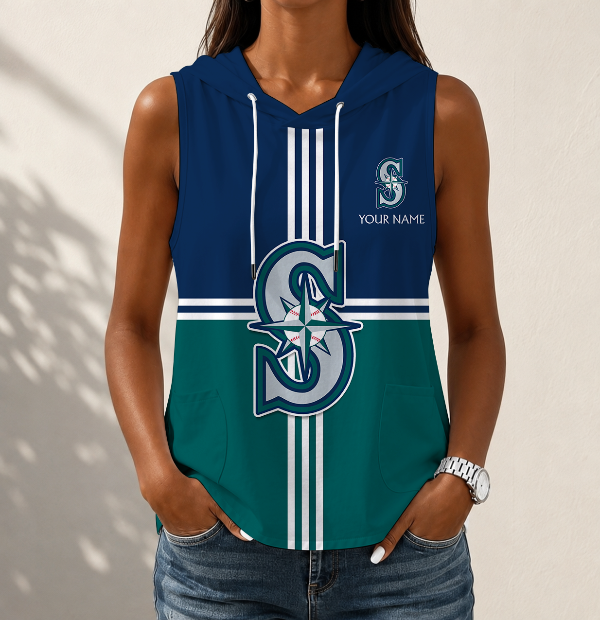 LIMITED EDITION - NEW CUSTOMIZED MLB14 SMS SEATTLE MARINERS WOMEN'S SLEEVELESS HOODED POCKET TANK TOP