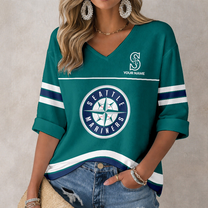LIMITED EDITION - NEW CUSTOMIZED MLB14 SMS SEATTLE MARINERS WOMEN'S HEART V-NECK LONG SLEEVE SHIRT
