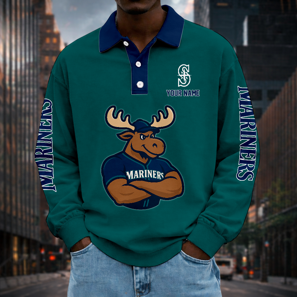 LIMITED EDITION - NEW CUSTOMIZED MLB14 SMS SEATTLE MARINERS MEN LONG SLEEVE POLO