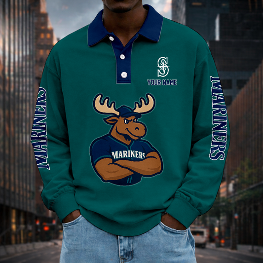LIMITED EDITION - NEW CUSTOMIZED MLB14 SMS SEATTLE MARINERS MEN LONG SLEEVE POLO
