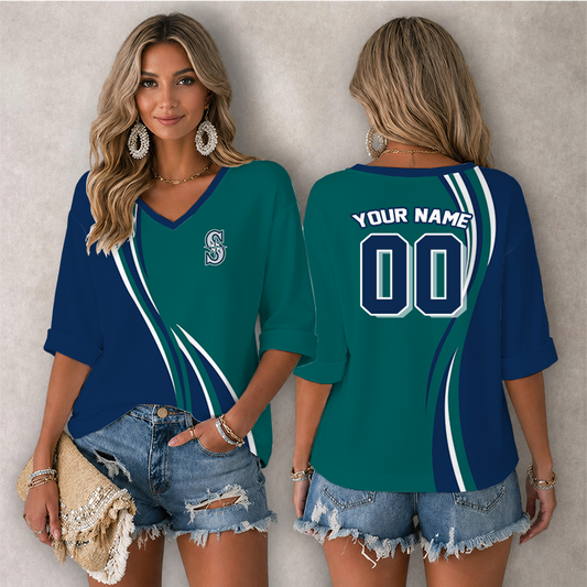 LIMITED EDITION - NEW CUSTOMIZED MLB14 SMS SEATTLE MARINERS WOMEN'S HEART V-NECK LONG SLEEVE SHIRT
