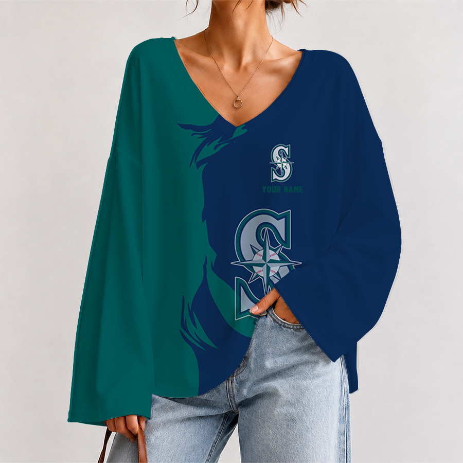 [FLASH SALE] NEW CUSTOMIZED MLB14 SMS SEATTLE MARINERS V-NECK LONG SLEEVED CROP TOP