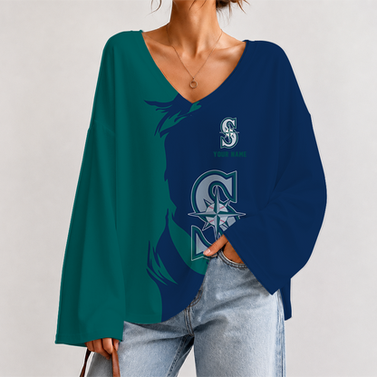 [FLASH SALE] NEW CUSTOMIZED MLB14 SMS SEATTLE MARINERS V-NECK LONG SLEEVED CROP TOP