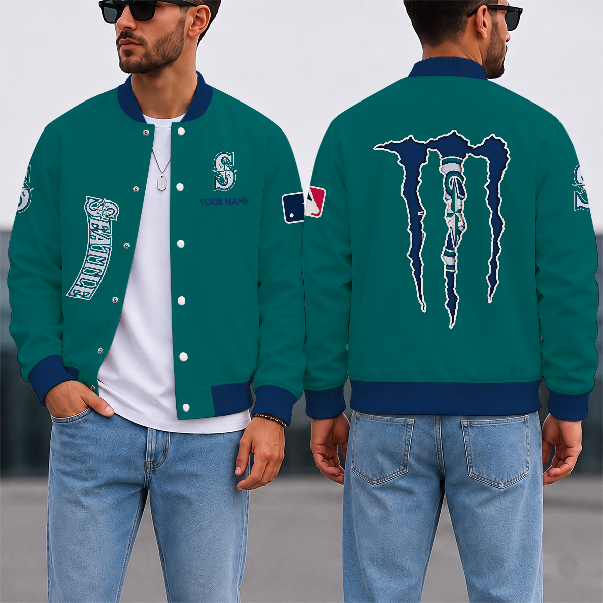 SPECIAL EDITION - NEW CUSTOMIZED MLB14 SMS SEATTLE MARINERS SATIN VARSITY & BASEBALL JACKET