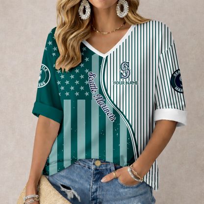 ELITE EDITION - NEW CUSTOMIZED MLB14 SMS SEATTLE MARINERS WOMEN'S HEART V-NECK LONG SLEEVE SHIRT