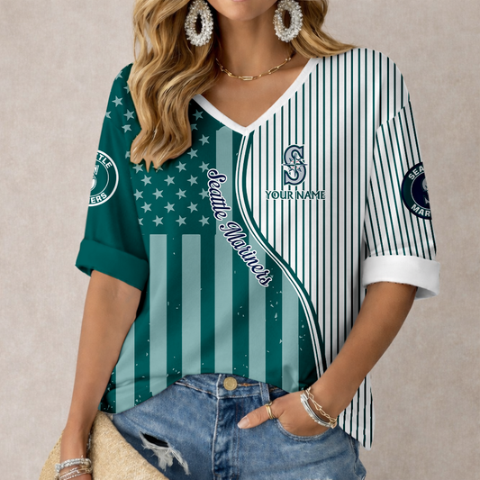 ELITE EDITION - NEW CUSTOMIZED MLB14 SMS SEATTLE MARINERS WOMEN'S HEART V-NECK LONG SLEEVE SHIRT