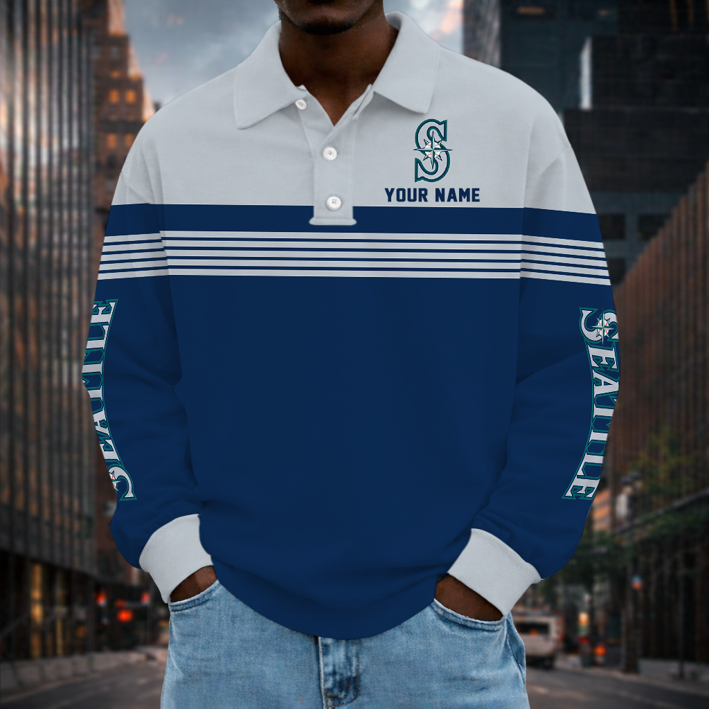 SPECIAL EDITION - NEW CUSTOMIZED MLB14 SMS SEATTLE MARINERS MEN'S LONG SLEEVE POLO