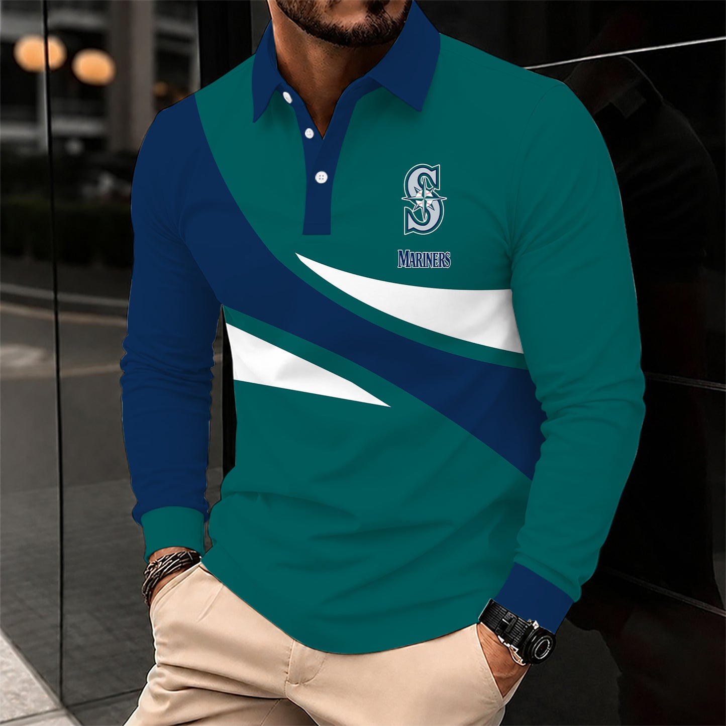 [FLASH SALE] NEW CUSTOMIZED MLB14 SMS SEATTLE MARINERS MEN'S LONG SLEEVE POLO