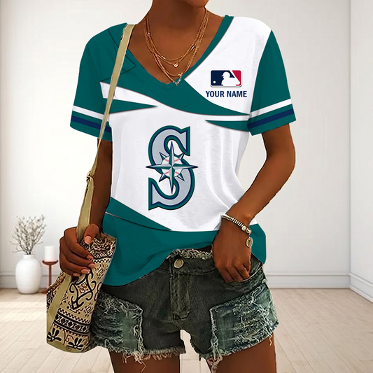 LIMITED EDITION - NEW CUSTOMIZED MLB14 SMS SEATTLE MARINERS V-NECK FEMALE SHIRT