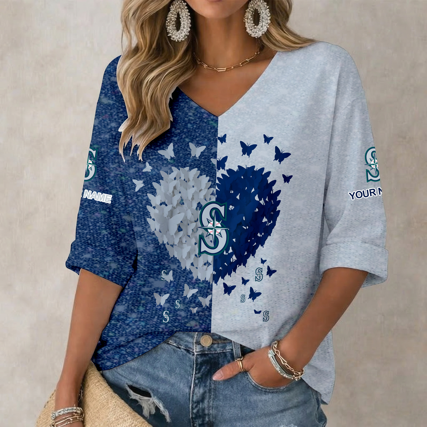 LIMITED EDITION - NEW CUSTOMIZED MLB14 SMS SEATTLE MARINERS WOMEN'S HEART V-NECK LONG SLEEVE SHIRT
