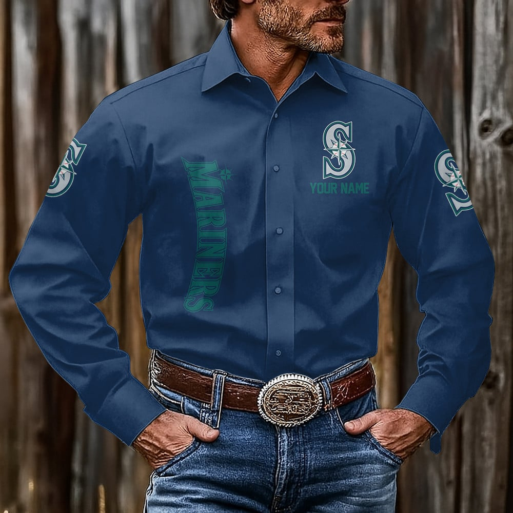LIMITED EDITION - NEW CUSTOMIZED MLB14 SMS SEATTLE MARINERS MEN'S LONG SLEEVE BUTTON-UP SHIRT
