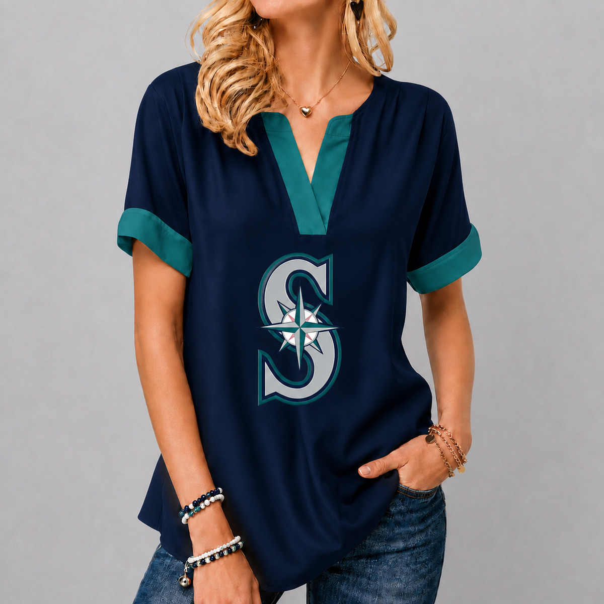LIMITED EDITION - NEW CUSTOMIZED MLB14 SMS SEATTLE MARINERS V-NECK FEMALE SHIRT
