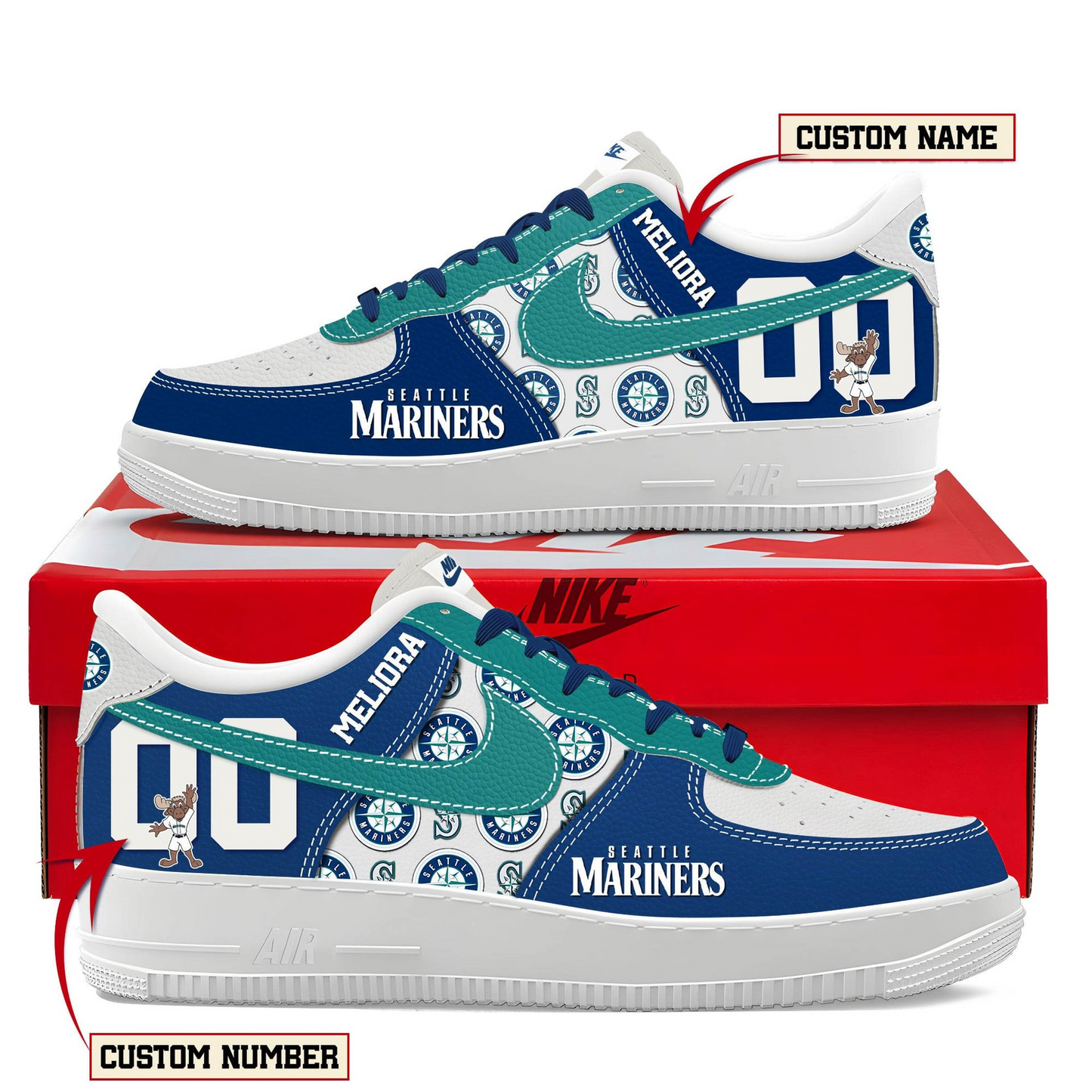 LIMITED EDITION - NEW CUSTOMIZED MLB14 SMS SEATTLE MARINERS AF1 SHOES