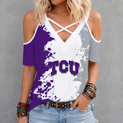 [FAN FAVORITE] NEW CUSTOMIZED NCAA CWS14 THF TCU HORNED FROGS CRISS CROSS V-NECK TOP