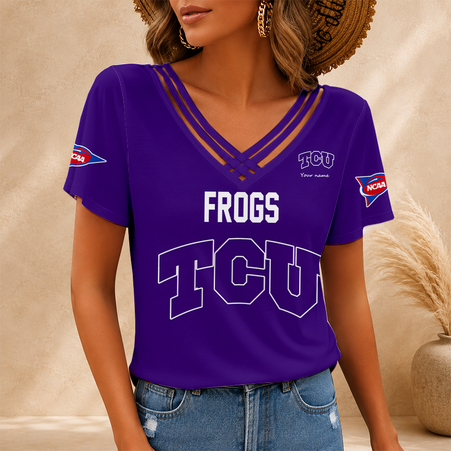 [FAN FAVORITE] NEW CUSTOMIZED NCAA CWS14 THF TCU HORNED FROGS V-NECK SHIRT