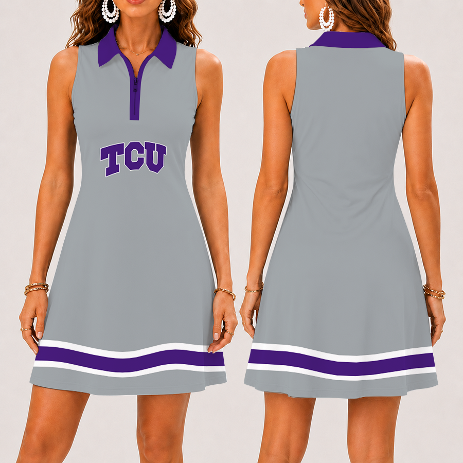 [FAN FAVORITE] NEW CUSTOMIZED NCAA CWS14 THF TCU HORNED FROGS WOMEN'S ZIP SLEEVELESS POLO DRESS