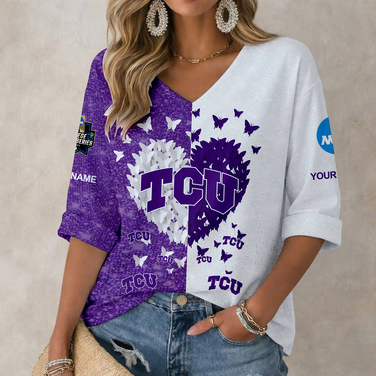 LIMITED EDITION - NEW CUSTOMIZED NCAA CWS14 THF TCU HORNED FROGS WOMEN'S HEART V-NECK LONG SLEEVE SHIRT