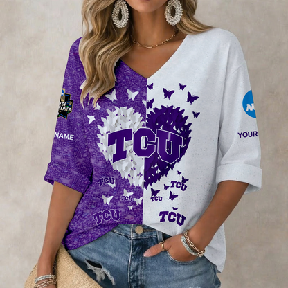 LIMITED EDITION - NEW CUSTOMIZED NCAA CWS14 THF TCU HORNED FROGS WOMEN'S HEART V-NECK LONG SLEEVE SHIRT