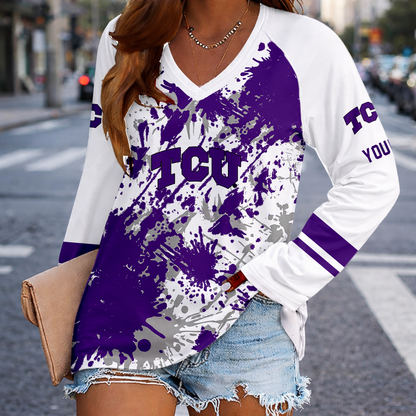 [FAN FAVORITE] NEW CUSTOMIZED NCAA CWS14 THF TCU HORNED FROGS WOMEN'S V-NECK LONG SLEEVED SHIRT