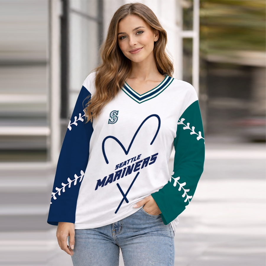LIMITED EDITION - NEW CUSTOMIZED MLB14 SMS SEATTLE MARINERS WOMEN'S HEART V-NECK LONG SLEEVE SHIRT