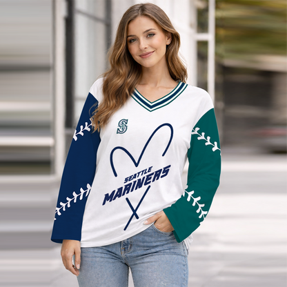 LIMITED EDITION - NEW CUSTOMIZED MLB14 SMS SEATTLE MARINERS WOMEN'S HEART V-NECK LONG SLEEVE SHIRT