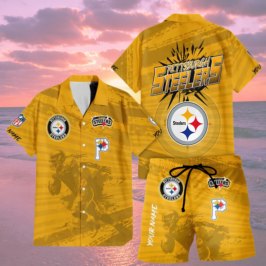 LIMITED EDITION  - NEW CUSTOMIZED NFL14 PSB PITTSBURGH STEELERS UNISEX HAWAIIAN SHIRT & SHORTS SET