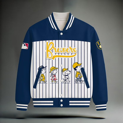 LIMITED EDITION - NEW CUSTOMIZED MLB15 MBS MILWAUKEE BREWERS SNOOPY STYLE SATIN VARSITY & BASEBALL JACKET