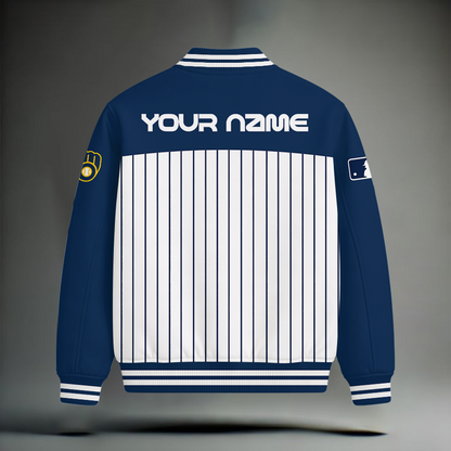 LIMITED EDITION - NEW CUSTOMIZED MLB15 MBS MILWAUKEE BREWERS SNOOPY STYLE SATIN VARSITY & BASEBALL JACKET