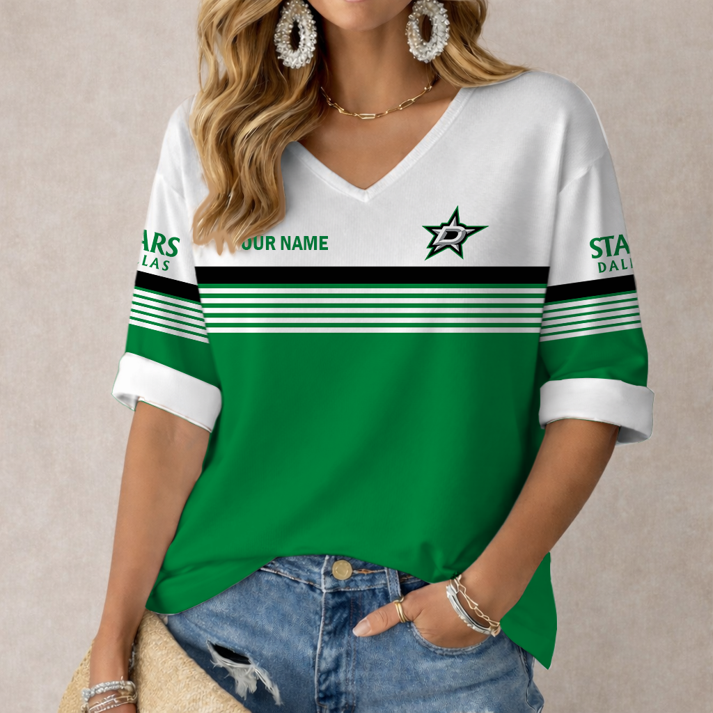 SPECIAL EDITION - NEW CUSTOMIZED NHL15 DLS DALLAS STARS WOMEN'S HEART V-NECK LONG SLEEVE SHIRT