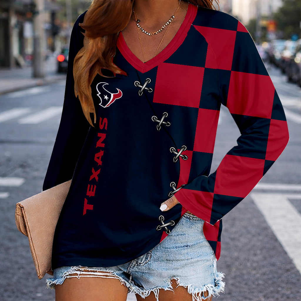 LIMITED EDITION - NEW CUSTOMIZED NFL15 HTT HOUSTON TEXANS WOMEN'S V-NECK LONG SLEEVED SHIRT