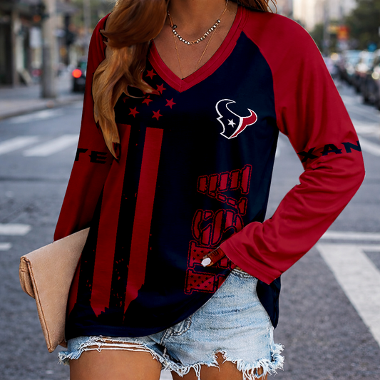 LIMITED EDITION - NEW CUSTOMIZED NFL15 HTT HOUSTON TEXANS WOMEN'S V-NECK LONG SLEEVED SHIRT
