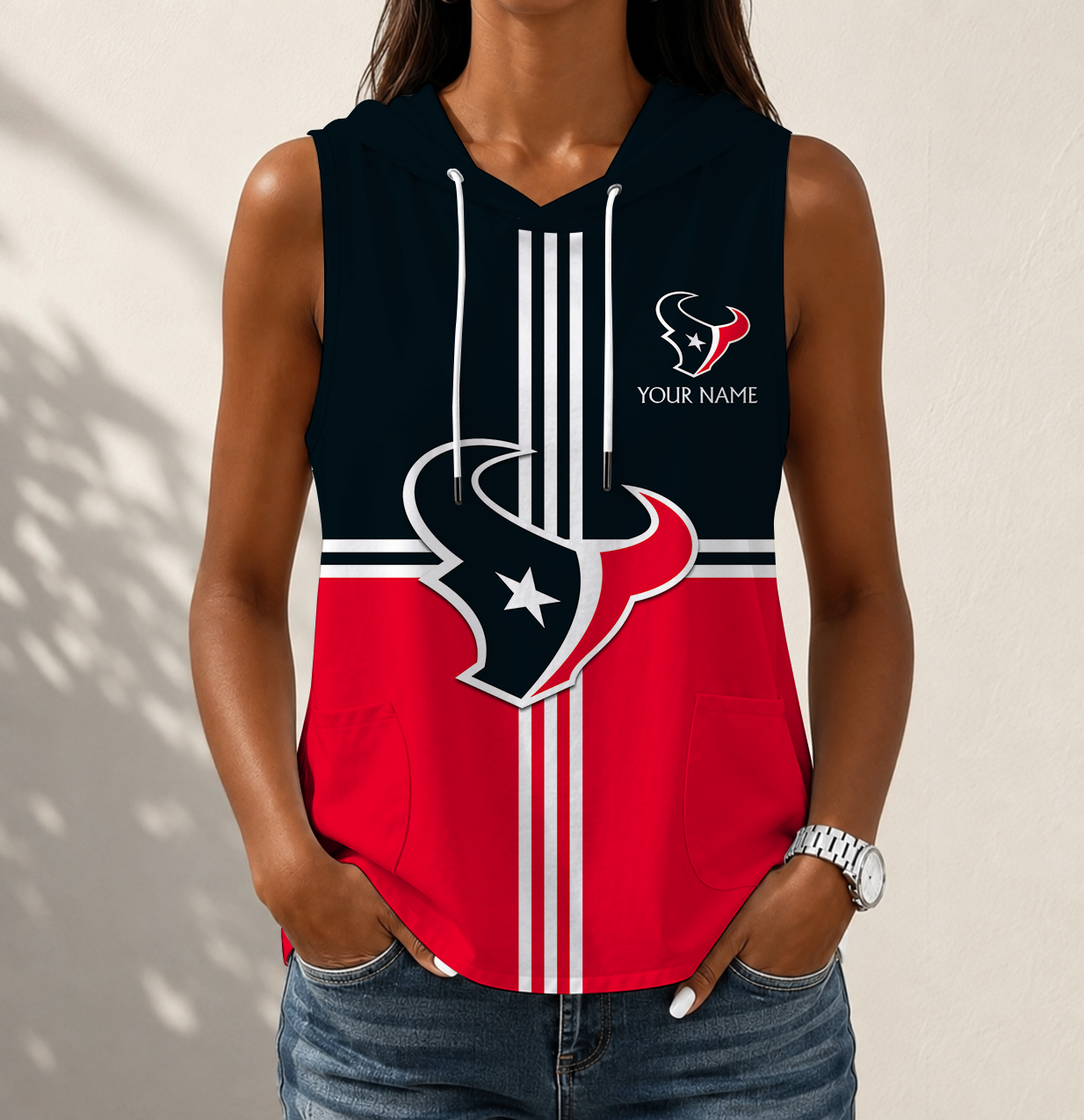 LIMITED EDITION - NEW CUSTOMIZED NFL15 HTT HOUSTON TEXANS WOMEN'S SLEEVELESS HOODED POCKET TANK TOP