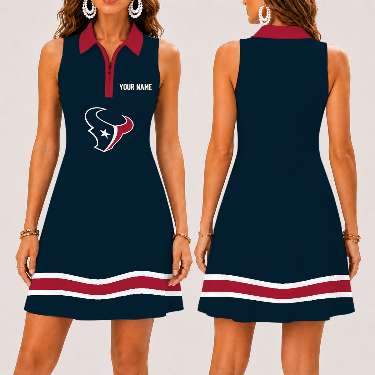 [SPECIAL OFFER] NEW CUSTOMIZED NFL15 HTT HOUSTON TEXANS WOMEN'S ZIP SLEEVELESS POLO DRESS