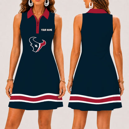 [SPECIAL OFFER] NEW CUSTOMIZED NFL15 HTT HOUSTON TEXANS WOMEN'S ZIP SLEEVELESS POLO DRESS