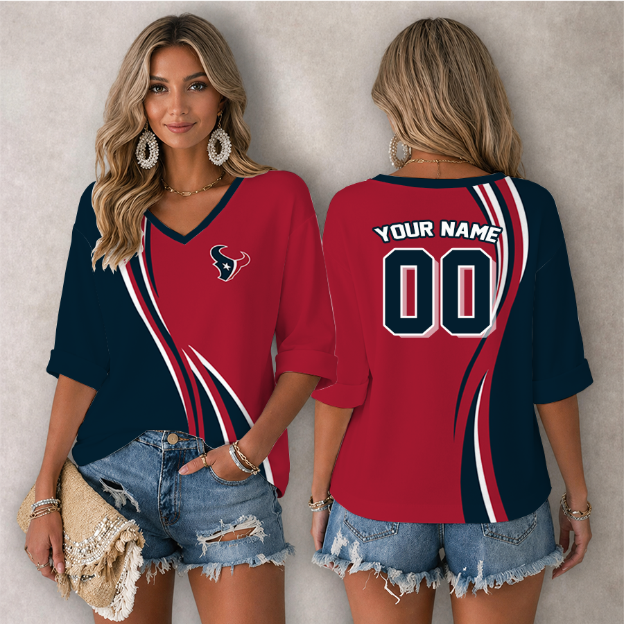 LIMITED EDITION - NEW CUSTOMIZED NFL15 HTT HOUSTON TEXANS WOMEN'S HEART V-NECK LONG SLEEVE SHIRT