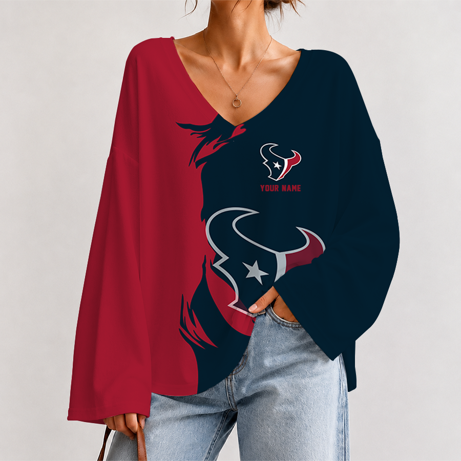 [SPECIAL OFFER] NEW CUSTOMIZED NFL15 HTT HOUSTON TEXANS V NECK LONG SLEEVED CROP TOP